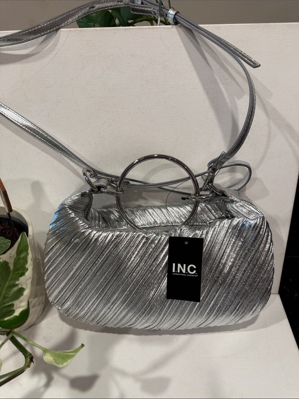 INC International Concepts Silver Quilted Metallic Shoulder Bag with Ring Handle